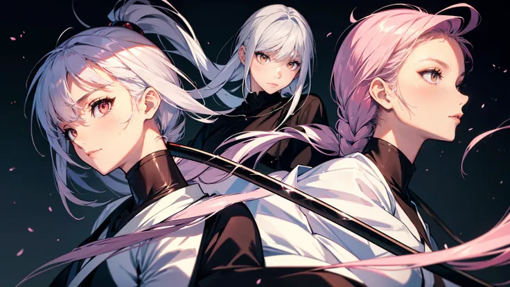 ultra-high resolution, top-quality, highest quallity, super verbose, realisitic, 8k, highest quallity, work of art, monstr, Samurai, elfa enfrentando m um grande monstr, katana, white hair, pink eyes, , shorth hair, mysterious and mysterious worldview,