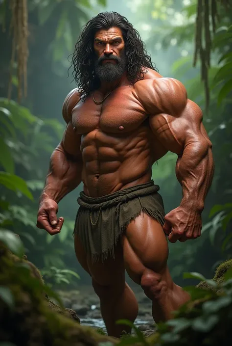 handsome and young with a hyper muscular (like pro heavyweight bodybuilder) with huge muscle mass Tarzan, with small loincloth. 