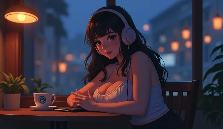 evening、High school girl listening to music in a cozy cafe、Big Breasts、 Use headphones, 2D Style Anime, Lo-Fi, hard disk, Dimly lit environment、coffee、