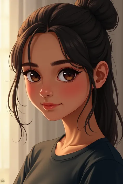 Create a close-up illustration of a beautiful 13year-old north indian girl girl brown colour girl . She has beautiful small eyes . Black t shirt . .carefully styled her hair into a neat ponytail. The image should sideways and only capture her face