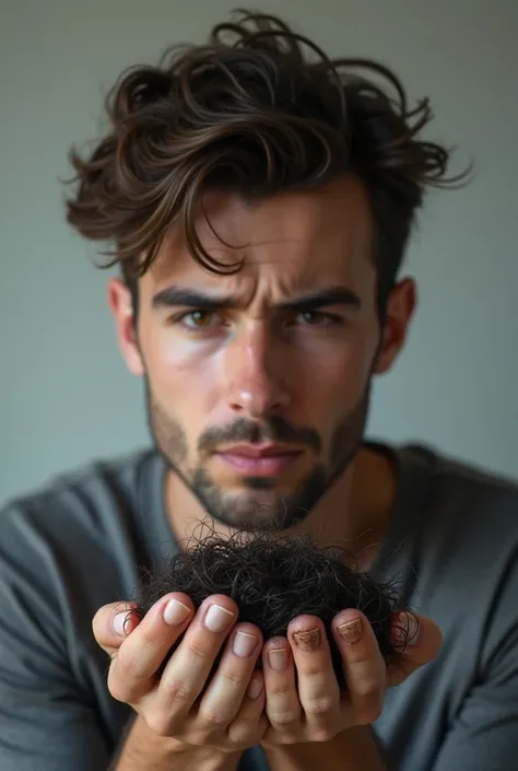 Create an image for me of a young man with the beginning of hair loss, holding a bunch of hair in his hand (The hand must have nails dirty with grease or something like that.). Create this image in format 9:16