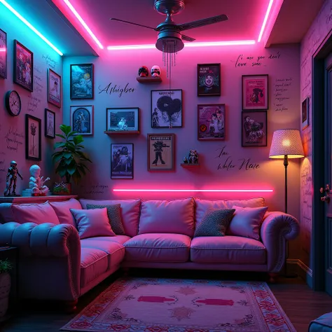 There is a room with a sofa on the left for a cyberpunk theme of neon lights and in a teenager&#39;s room with figurines and written tokaan