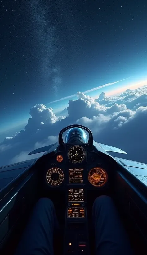 A realistic starry night sky view of cockpit of a jetfighter, night flight above light clouds, pilot point of view, first person view,  (best quality,4k,8k,highres,masterpiece:1.2),ultra-detailed,(realistic,photorealistic,photo-realistic:1.37),dramatic nig...