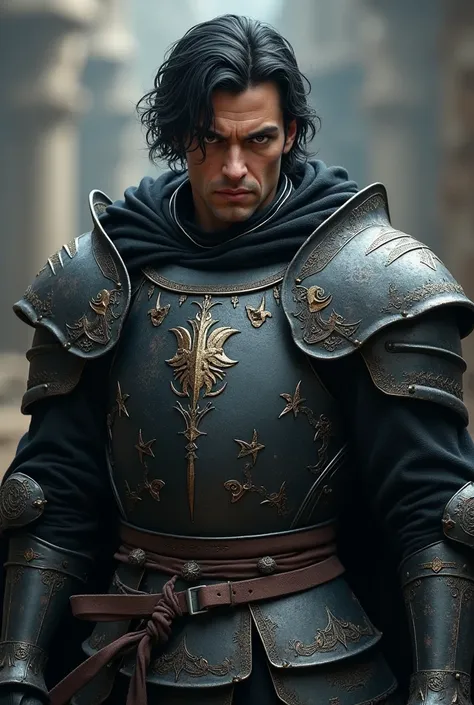 Short, muscular soldier, 26 years old, wavy black hair and brown eyes. Wearing black steel medieval armor, looking angry