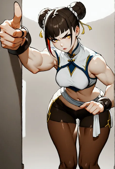 sfChunLi, ChunLi, Chinese clothing, wristbands, perneiras, twin hair buns, mature woman, standing, cowboy shot, ((standing alone)),,((multicolored hair, Bblack hair, White hair)),short leggingpale skin Bblack hair yellow eyes black against wall sad sad sad...