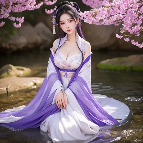 Purple Hair，Purple Eyes，Purple clothes，She wore a jade lotus hairpin in her hair.，Wearing a lavender wide-sleeved plain fairy dress，She was a vision of ethereal beauty, a divine being, but also a woman of incomparable loveliness.。Her skin was like congeale...