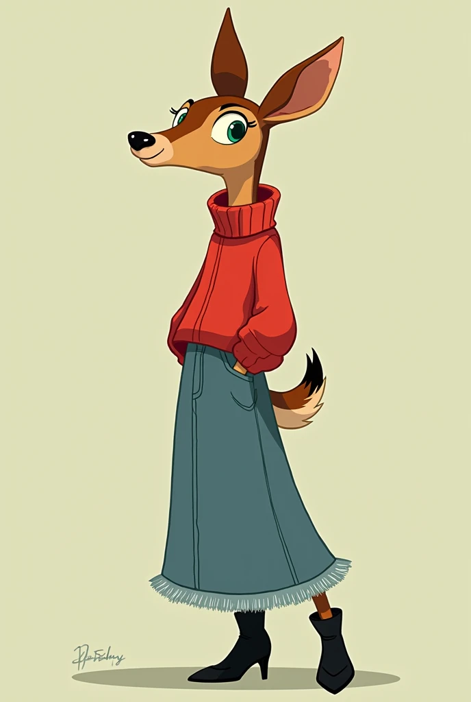 Green-eyed doe wearing a red sweater and a long jean skirt wearing black high heel boots. estilo 2d. Bojack Horseman style