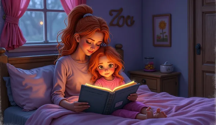 A pencil sketch image coloured image of a mother and daughter in a bedroom in a daughters bedroom and the daughters name is Zoe at the back of the bad the name of the joy is written and the room is decorated as a kids room paint of the room is purple , a w...