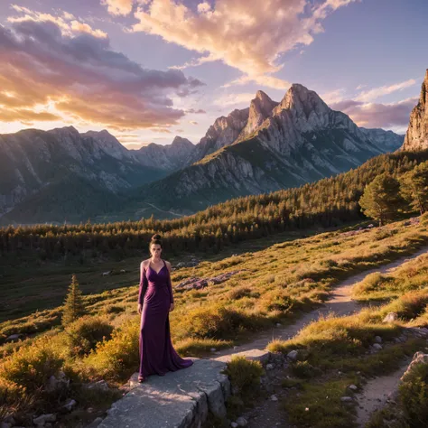 a 35-year-old woman radiating strength and elegance in a dramatic, mountainous landscape during sunset. she stands on a rocky ou...