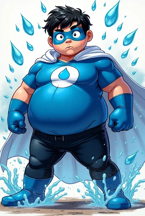 Create an image of a teenager with water powers, This teenager is wearing a costume with a blue shirt with the symbol of a white drop in the middle, he wears a blue mask with completely white eyes, and also wears black pants with a white cape, This teenage...