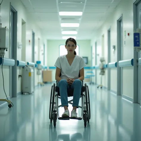 a young woman in a wheelchair in a hospital corridor 