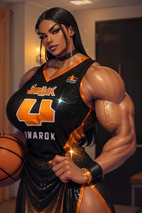 ((Close-up)), tall, (black hair) beautiful muscular woman, long straight hair, brown skinned, (closed smile), large breast, (black lipstick), (massive muscles), (hyper muscle), (ginormous bulky muscles), orange eyes, (((sparkly black basketball jersey dres...