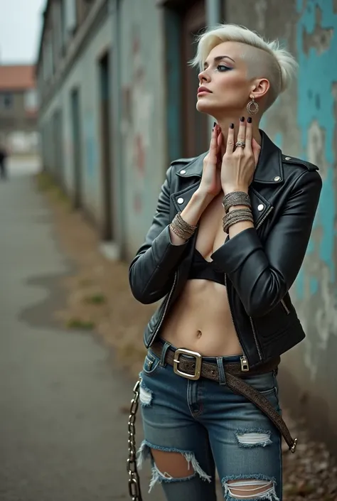 
russian milf woman, biker gang member, platinum hair (ponytail with shaved sides), with very light blue eyes, extremely pale, heavy eye shadows.. without bandana. Thin. Sad, humbled face. Wearing black moto jacket with hanging belts and side pockets with ...