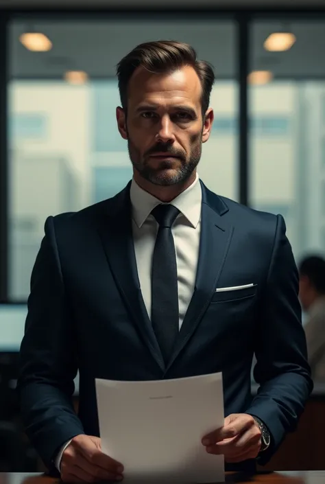 A man in a suit stands in front of a desk holding a payment document, and only the shape of his mouth and the top of his suit are visible..