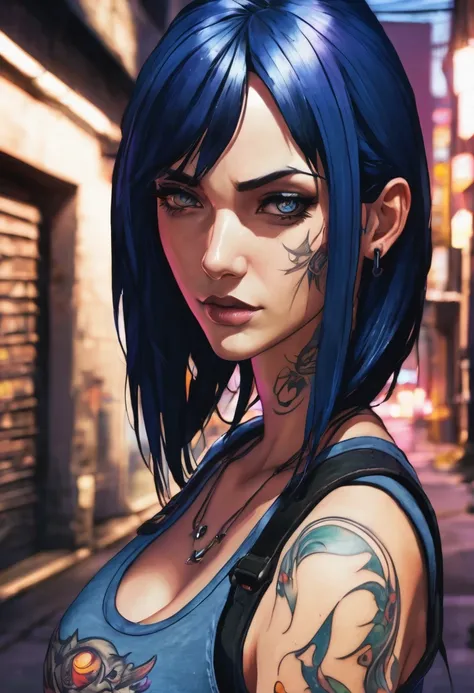 (good quality), (many details), (masterpiece), A close-up of a person in jeans and a tank top, similar to Jinx from Arcana, dark blue hair, athletic, serious melancholic face, small breasts, black band on upper arms, strong, in an alley at night, realistic...