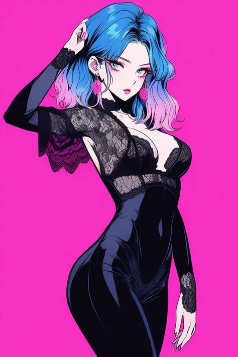 Illustrator, anime , Realistic ,sketch , 1 person, model, Age 25, lip, Sheer black lingerie, Adorned with a rich lace., order, Blue and pink gradient background, Neon Hair, Big Breasts, look back, Upper Body, Sexy look, Texture Trim, Russia, (masterpiece,H...