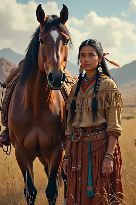 Indigenous woman next to a horse