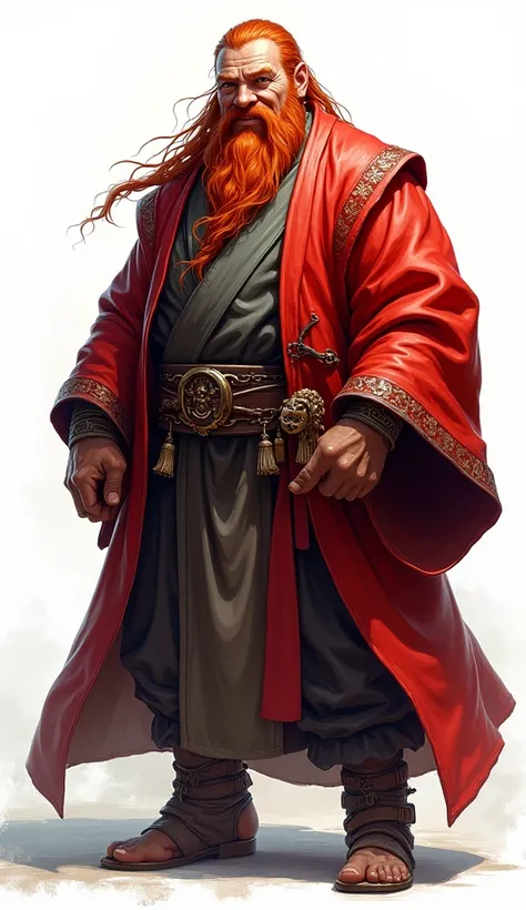 ((kimono)), (male: 1.3), dwarf, (Masterpiece, intense details: 1.5) full body, red cloak, red hair, long braided beard, hair strand, smile, high detail, Realism, Action painting, depth of field, god rays, wide shot, panorama, Ultra-Wide Angle, uhd, super d...