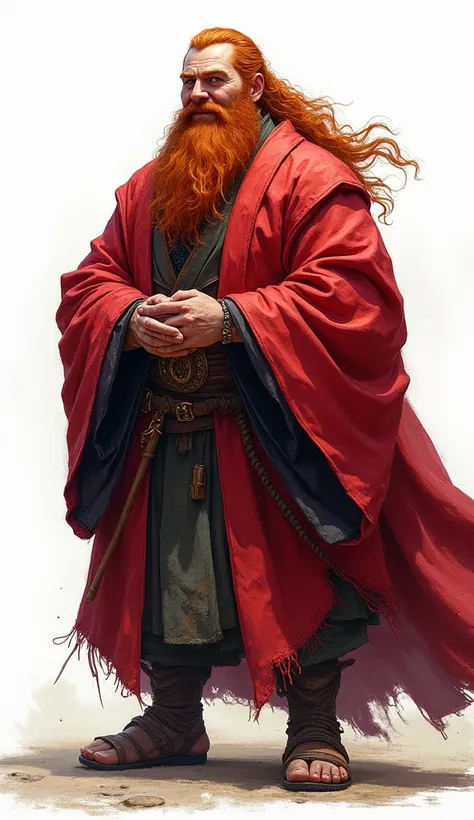 ((kimono)), (male: 1.3), dwarf, (Masterpiece, intense details: 1.5) full body, red cloak, red hair, long braided beard, hair strand, smile, high detail, Realism, Action painting, depth of field, god rays, wide shot, panorama, Ultra-Wide Angle, uhd, super d...