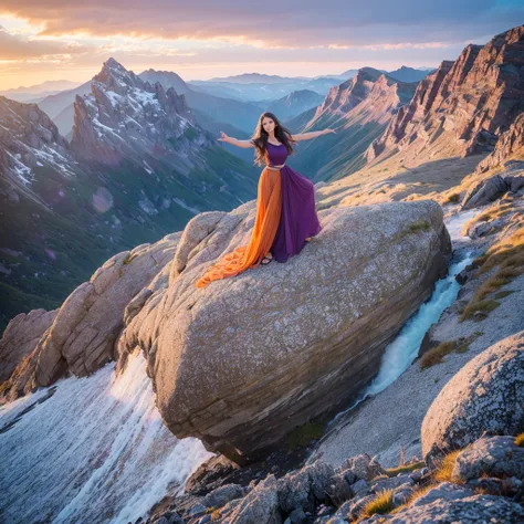 A 35-year-old woman radiating strength and elegance in a dramatic, mountainous landscape during sunset. She stands on a rocky outcrop, dressed in a flowing, deep-colored gown that contrasts with the rugged terrain. One arm is outstretched as if reaching fo...