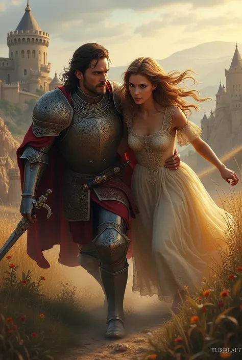 Medieval buff prince saving princess running away