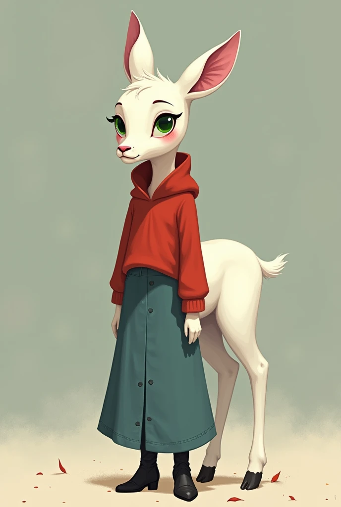 green eyed white doe wearing a red sweater and a long jean skirt with black boots, a mole on the cheek. Bojack Horseman Style 2D