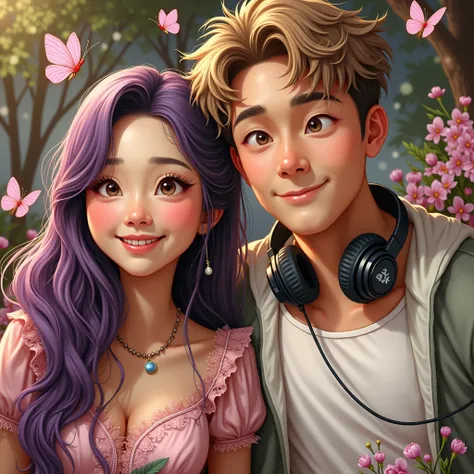 Korean purple hair butterfly woman with headphone and pink dress and white man in park friends