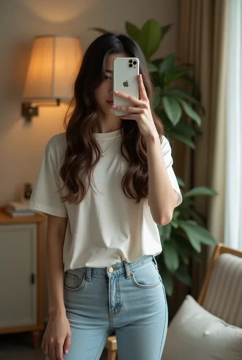 mirror越しに自撮りしてる女性、mirror、Long Hair，The iPhone 12 Pro hides his entire face、I can&#39;t see your face、Beautiful woman、Full Body Shot、Im wearing sneakers、Wearing a t-shirt、Japanese、Stylish room