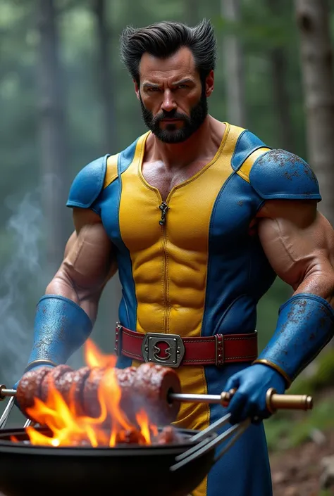 Hugh Jackman in the most realistic blue and yellow Wolverine costume, barbecuing on a spit with his claws