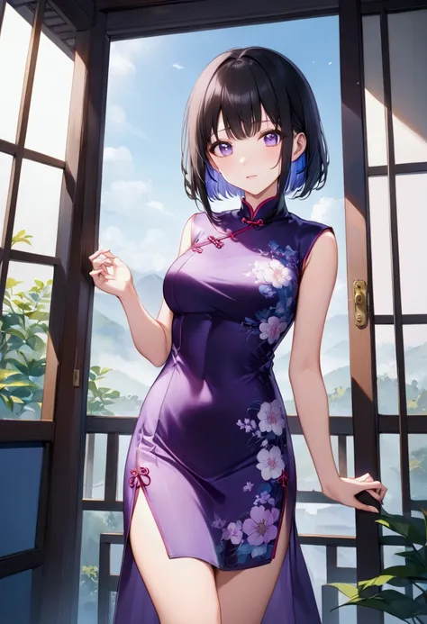 Adult anime girl in with long straight black hair with purple and blue highlights,purple eyes,cheongsam,8k, best quality, professional photo