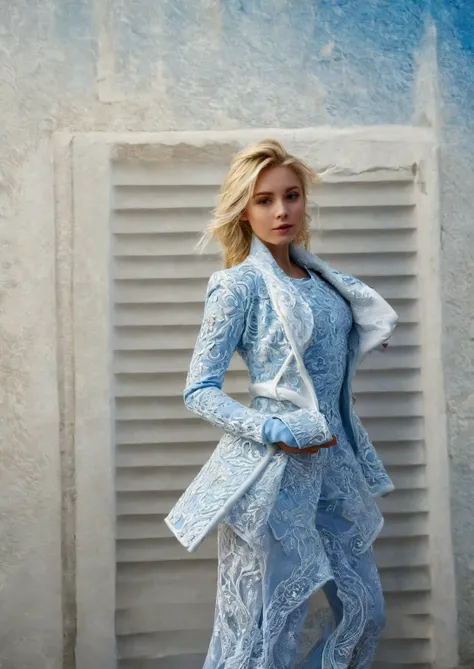 Blonde girl with white and blue jacket 