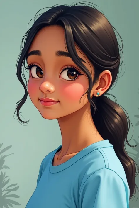 Create a close-up illustration of a beautiful 13year-old north indian girl girl brown colour girl . She has beautiful narrow eyes .  Clean jawline . carefully styled her hair into a neat ponytail. The image should sideways and sky blue t shirt 