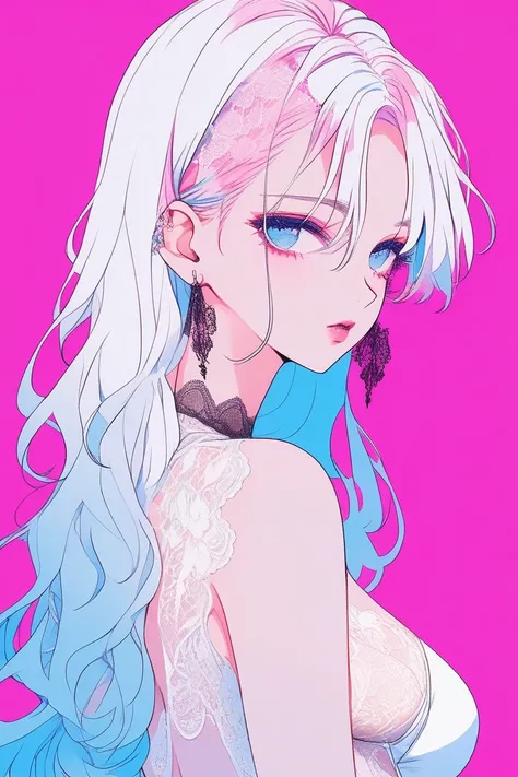 Illustrator, anime , Realistic ,sketch , 1 person, model, Age 25, lip, Sheer white lingerie, Adorned with a rich lace., order, Blue and pink gradient background, Neon Hair, Big Breasts, look back, Upper Body, Sexy look, Texture Trim, Russia, (masterpiece,H...