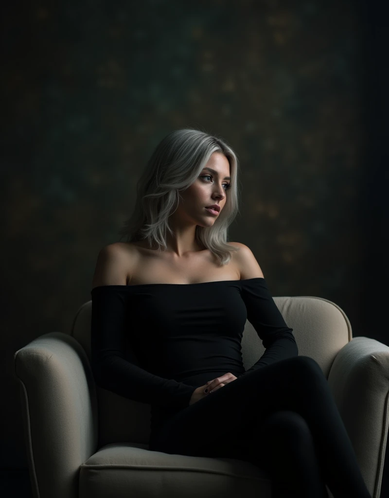 Girl sits elegantly on a modern soft chair, Against the background of a dark room, black off shoulder top, light gray hair