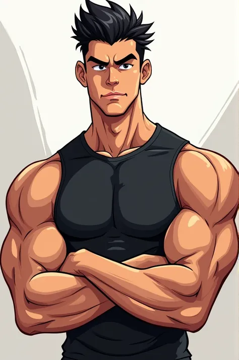 white male, Bblack hair, athletic body, black back shirt.  Cartoon effect