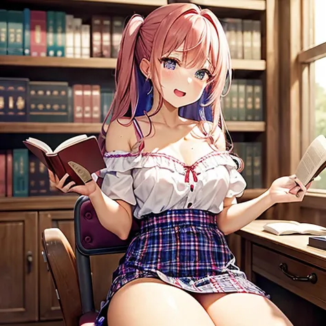 Normal chest、Open your mouth wide、blush、Off the shoulder、Checked Skirt、Spreading her legs(Fluids on thighs)、Medium Long、Rainbow Hair、Red and purple２Color Hair Color、Skin-tight costume、library、Bookshelf、At my desk、sitting in a chair reading a book、(An angle...