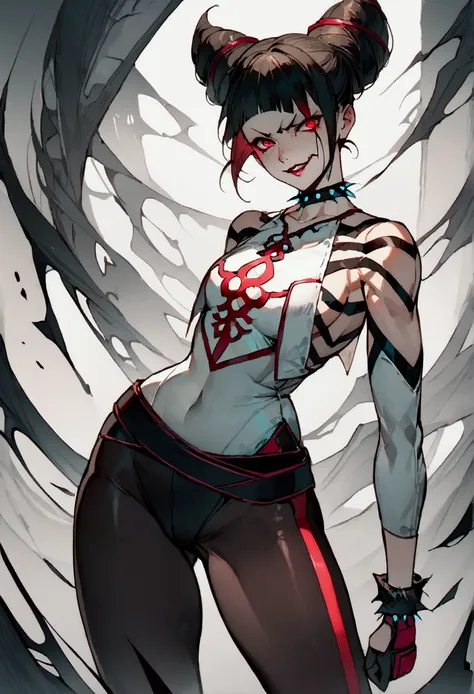 fully body,standing,alone,short hair,work of art,face detailed,young fitness linda,Wearing black pantyhose,tight white sweater with collar ,neckleace,evil smile,red eyes glowing,labiaa,eye shadow,bangs on the eyes,black gloves
