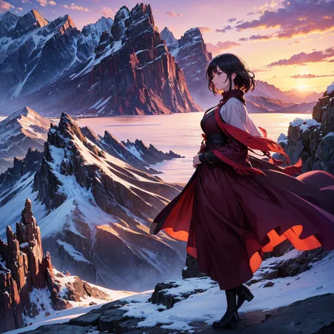 A cinematic portrait of a 35-year-old woman poised on a rocky outcrop, enveloped by a dramatic mountain landscape during sunset. Dressed in a deep-colored, flowing gown, she radiates both strength and grace, her arm reaching toward the horizon as her deter...