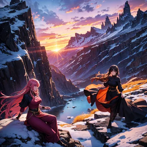 A cinematic portrait of a 35-year-old woman poised on a rocky outcrop, enveloped by a dramatic mountain landscape during sunset. Dressed in a deep-colored, flowing gown, she radiates both strength and grace, her arm reaching toward the horizon as her deter...