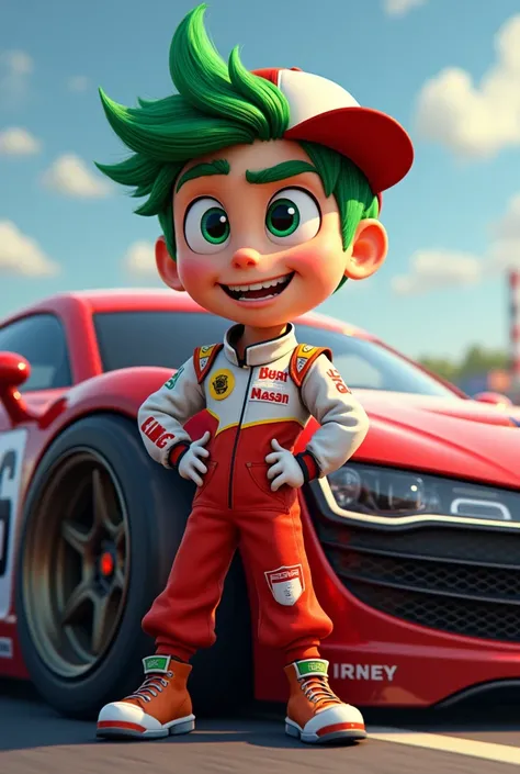 Make a Disney style doll just like Joy,  with green hair and a cap, masculine, car racing clothing, him full body next to a car and without the bottom 