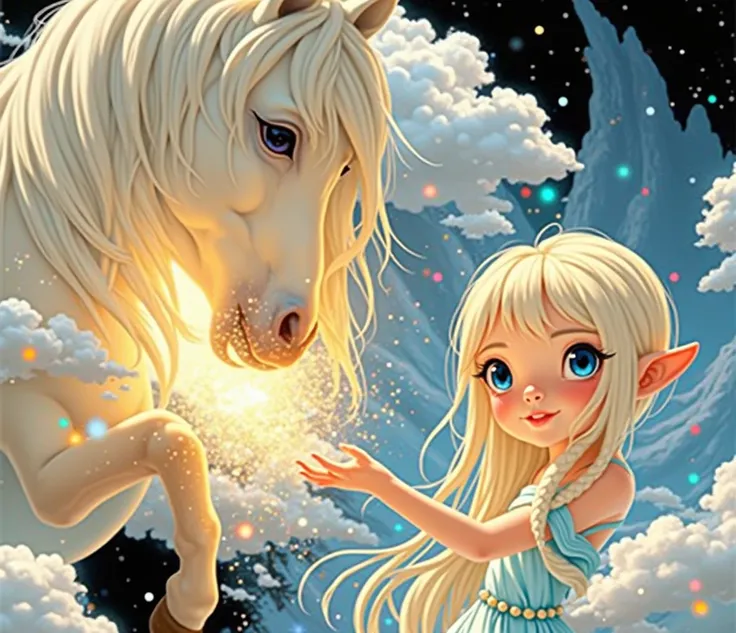 Like a spectacular movie、amazing、Intricately detailed, dramatic maximalist digital matte painting。Has long, straight white hair、Beautiful young elf with pointy ears、アルウェンのamazingプロの傑作。, Clear blue eyes, An elf stands next to a bright white unicorn, The sun...