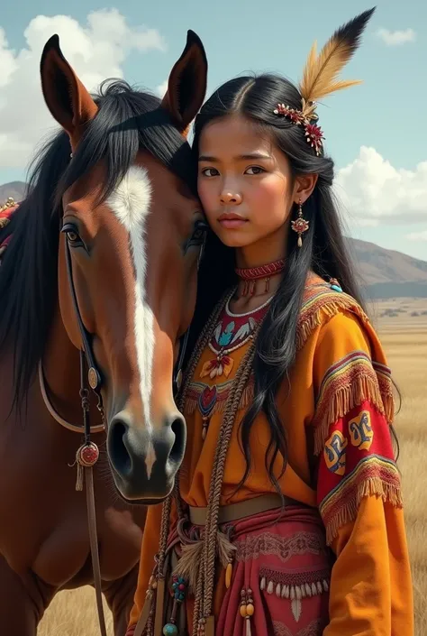 Young indigenous woman standing next to a horse