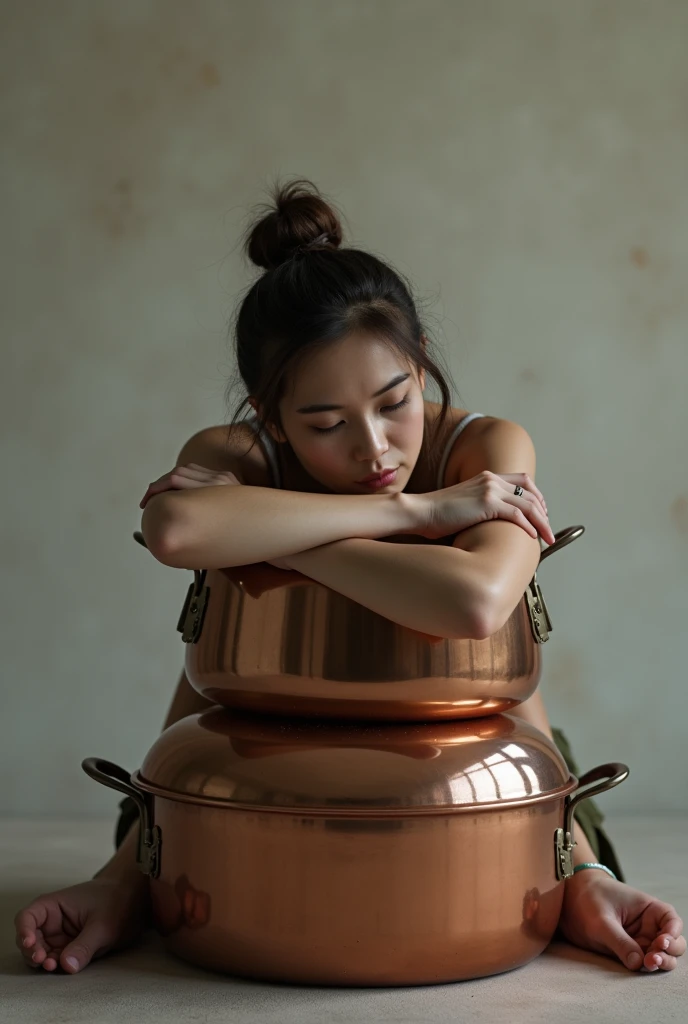 Sitting with the arms resting on a copper pan