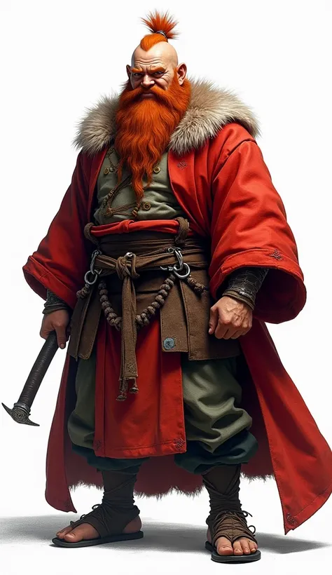 ((kimono)), (male: 1.3), dwarf, (Masterpiece, intense details: 1.5) full body, red cloak, red hair, long braided beard, hair strand, ((smile)), high detail, Realism, Action painting, depth of field, god rays, wide shot, panorama, Ultra-Wide Angle, uhd, sup...