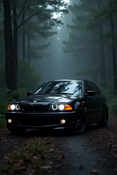 front site full black bmw e46 in dark forest