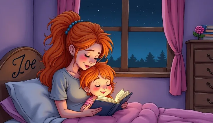 A pencil  illustration coloured image of a mother and daughter in a bedroom in a daughters bedroom and the daughters name is Zoe at the back of the bad the name of the joy is written and the room is decorated as a kids room paint of the room is purple , a ...