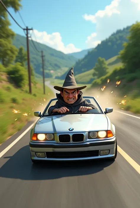 Im Stil von Pixar 3D-Animations-Filmen. A silver BMW E46 Compact races along a country road, spraying sparks behind it. He is driven by an aggressive skinny wizard.