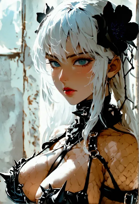 Drawing of ((best quality)), ((masterpiece)), (detailed), super s, perfect face,dutch angle, torso shot, perfect face, gothic, solo 1girl, bondage outfit, spikes, spiked collar, black flower, whip, collar, hair ornament, long white hair, heart, thigh highs...