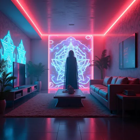 Living room with cyberpunk theme of neon and tokaan writing 