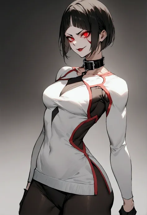 fully body,standing,alone,short hair,work of art,face detailed,young fitness linda,Wearing black pantyhose,tight white sweater with collar ,neckleace,evil smile,red eyes glowing,labiaa,eye shadow,bangs on the eyes,black gloves,
